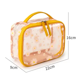 Factory Custom Floral Print Makeup Organizer Transparent Portable travel Ladies Handle clear Makeup Bag