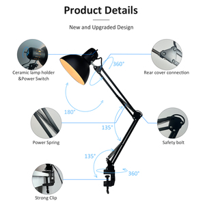 Lampada da Lettura Moderna Orientabile a 360 Gradi con <span class=keywords><strong>Paralume</strong></span> in <span class=keywords><strong>Metallo</strong></span> <span class=keywords><strong>Nero</strong></span>, Dimmerabile, per Ufficio e Lettura - Product Image 2