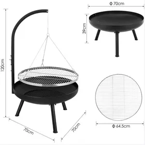 Suporte triangular ajustável para grelha a carvão, grelha para churrasco grande com malha de arame redonda, suporte ajustável para suspensão ao ar livre