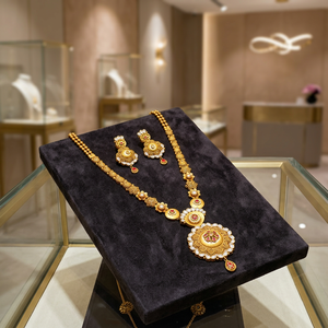 Indian Traditional 22K Gold Long <b>Necklace</b> <b>Set</b> Floral Pendant Jhumka <b>Earrings</b> <b>Bridal</b> Wedding Fine Jewelry <b>Set</b> For Women - Product Image 5