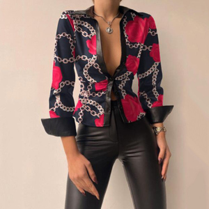 Rnshanegr Kemeja dan Blus Wanita Kulit PU V-neck Seksi Musim Gugur, Kemeja Kantor Elegan Wanita Lengan Panjang - Product Image 5