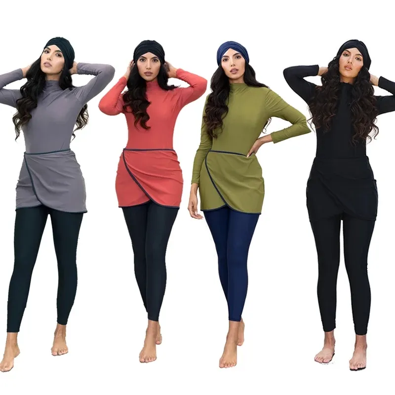 2022 Baru Lengan Panjang Hitam Pekat Pakaian Renang Muslim Wanita Baju Renang Muslim Burkini Musim Panas Pantai Pakaian Renang Wanita Arab Pakaian Pantai
