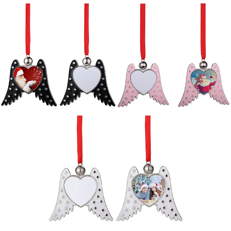Angel Wings Christmas Ornaments Sublimation Blanks Decorative Red Rope Love Heart Pendant For Heat Transfer Print Home Deco