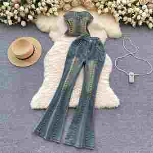 Conjunto de 2 Piezas Tejido con Cuentas Estilo Y2K para Mujer, Top de Manga Larga y Pantalones Vaqueros de Corte Regular, Venta al Por Mayor - Product Image 1