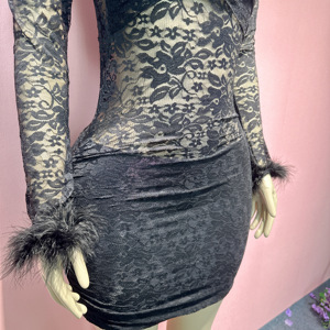 Nouvelle Robe Droite Sexy pour Femme 2026, Longueur Genou, Unie, avec Manches en Dentelle Transparente et Fourrure - Product Image 5