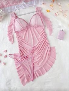Ensemble de lingerie grande taille pour femme, style babydoll, avec chemise en maille transparente à volants, mini-robe asymétrique et string, tenue de nuit - Product Image 5