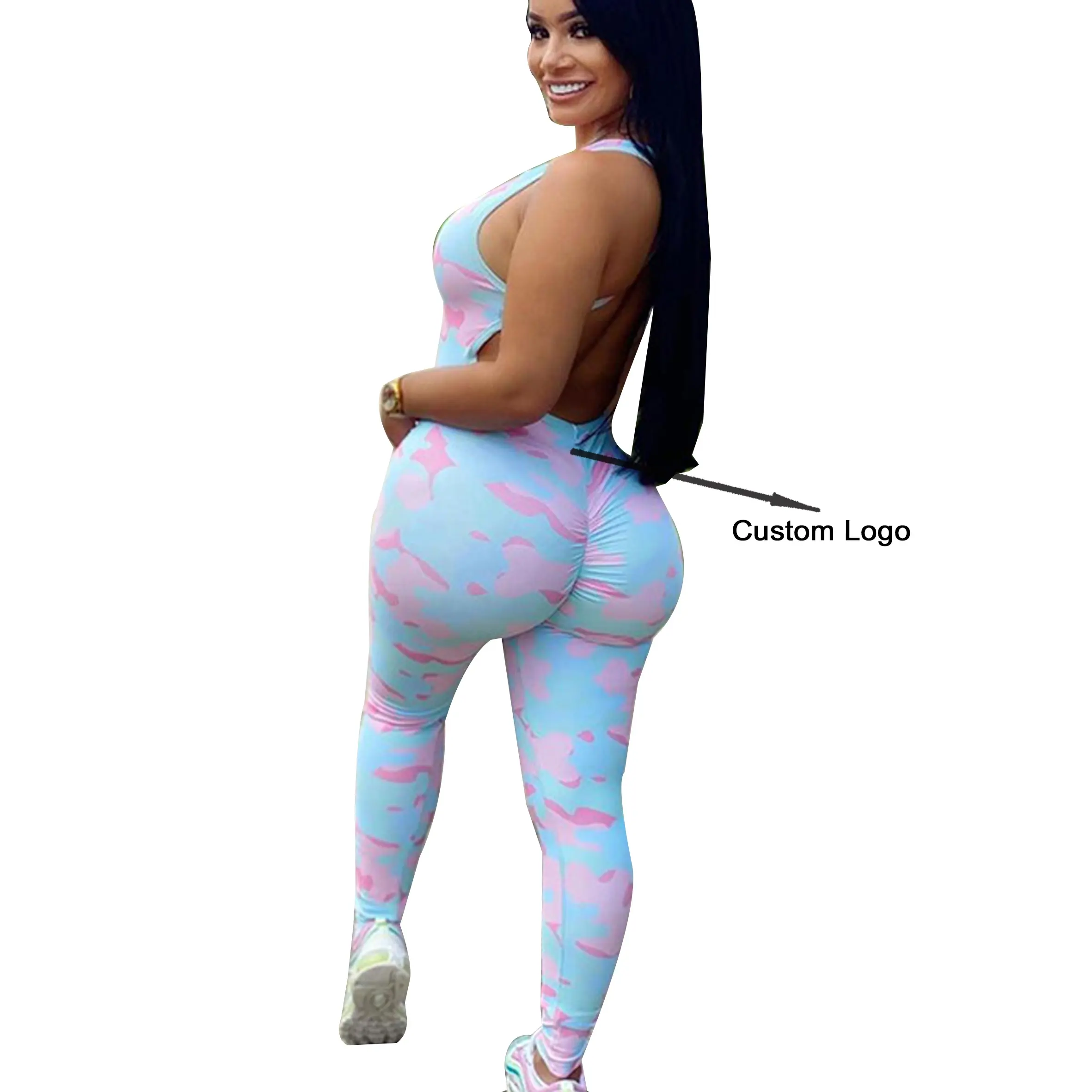 Özel Logo Yoga Gym ezme Butt tulumlar Camo tek parça Bodycon tulum kadınlar