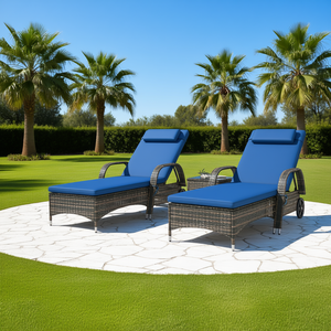 Set di 2 Chaise Longue in Vimini Blu con Schienale Regolabile e Ruote per Prendere il Sole, Arredamento da Esterno - Product Image 2