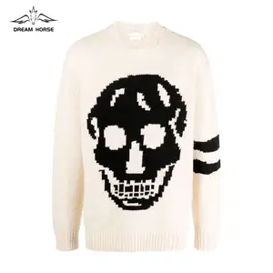 AiNear wholesale custom logo oem & odm long sleeve crewneck skull intarsia men's 100% merino wool knitted pullover sweater