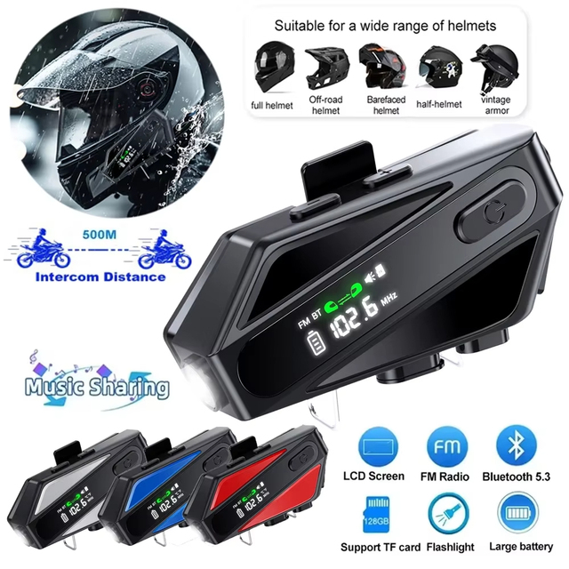 C6 Motorcycle Helmet Bluetooth Headphones with FM Radio 500M Wireless Intercom Call IPX6 Waterproof Detachable Wireless Headset