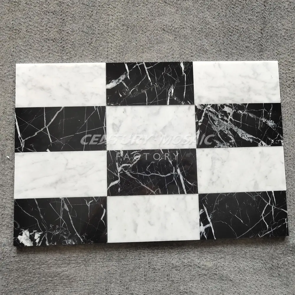 Century Mosaic Checkerboard Pattern 3"X6" Natural Stone Marble Black and White Tile Flooring Wall Bathroom Kitchen Tiles