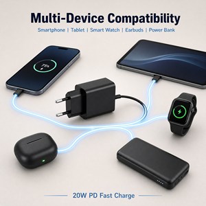 Chargeur mural 20W PD3.0 QC3.0 USB Type C, câble rétractable rapide ignifuge pour téléphone portable, ordinateur portable, certifié CE ETL FCC - Product Image 6