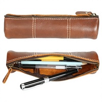 Étui à crayons en cuir véritable artisanal vintage en cuir de vache avec fermeture à glissière longue pour l'école et le bureau