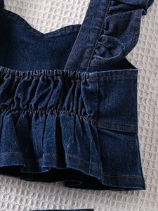 Conjunto de Ropa para Niñas Pequeñas al por Mayor, Top de Mezclilla Sólido sin Mangas con Volantes + Falda Vaquera, Conjunto de 2 Piezas - Product Image 5