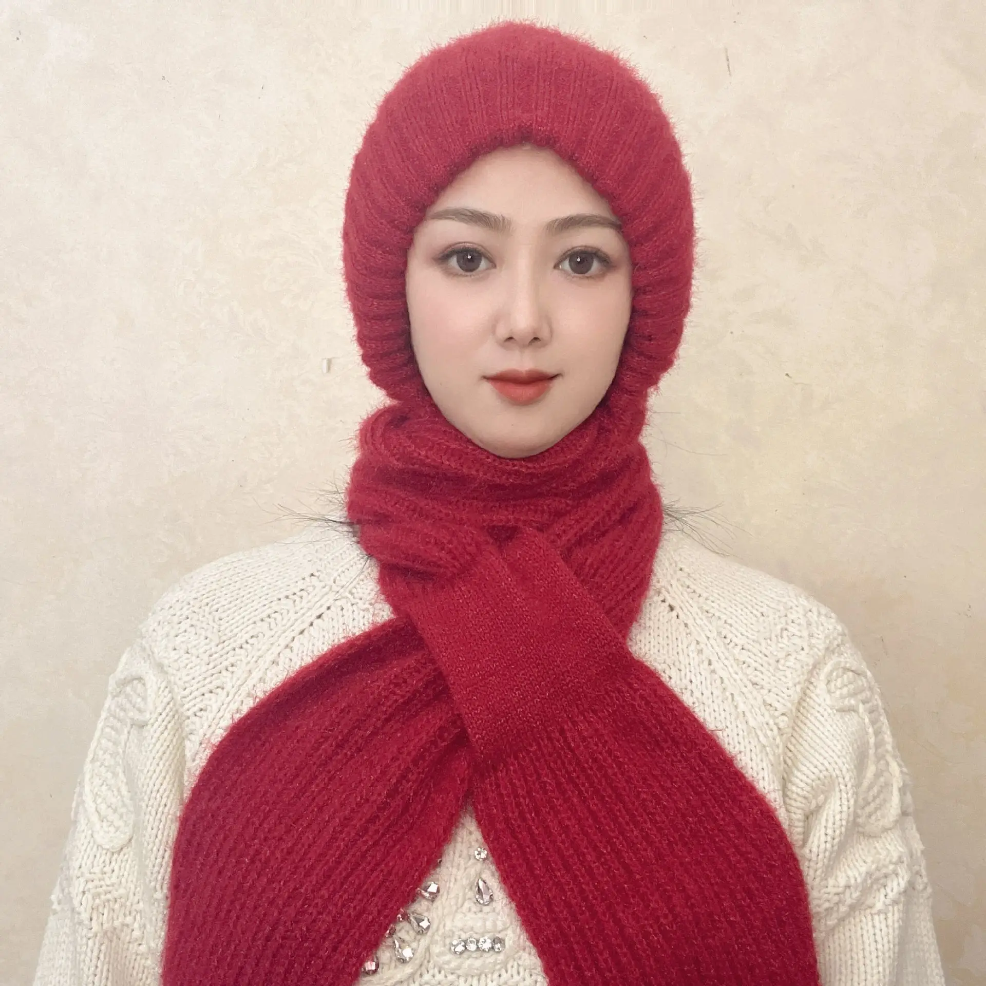 Integrated Ear Protection Windproof Cap Scarf 2 in 1 Winter Warm Knitted Hat Scarf Thickening Beanie Hat Scarf