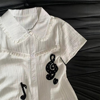Chemisier en pur coton style Spicy Girl avec imprimé notes de musique, col Claudine, pour femme, coupe ajustée, manches courtes, idéal pour le quotidien