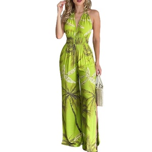 Combinaison élégante et décontractée pour femme, style européen et américain, col en V, longueur ras du sol, boutonnée, imprimée et colorée, vente en gros - Product Image 1