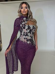 LM gaun Maxi panjang wanita, D92 gaun pesta malam ungu gelap panjang lantai payet ekor ikan untuk perempuan - Product Image 6