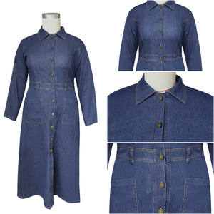 Y218329 ट्रेंडी प्लस आकार डेनिम कपड़े महिलाओं के लिए आकस्मिक लंबी आस्तीन बारी बारी-डाउन कॉलर एकल ब्रीस्टेड मेक्सी जींस कपड़े - Product Image 6
