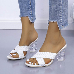 Sandales pour femmes à bout carré, style minimaliste, à bout ouvert, avec talon orné de cristaux, tissées, exquises - Product Image 6