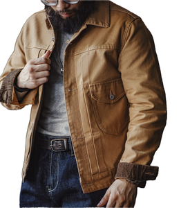 Wholesale Men's Heavyweight Canvas Lapel Denim Jacket Vintage Workwear Multi-Pockets <b>Button</b>-Up Jacket - Product Image 1