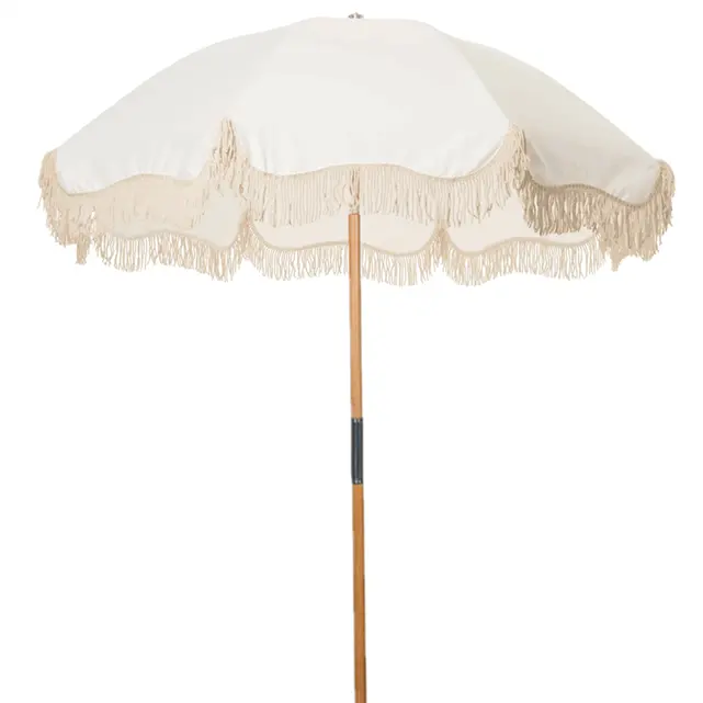 180/200CM wooden pole custom print beach umbrella with tassels,hot sale 32mm wooden pole tassel umbrella polyester fabric