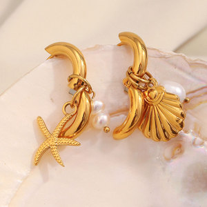 Boucles d'oreilles pendantes asymétriques Hawaïennes en acier inoxydable 316L plaqué or 14k 18k avec perles et étoiles de mer pour femme - Product Image 4