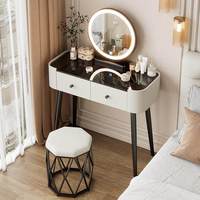 Table de toilette moderne avec plateau en marbre, double tiroirs et miroir LED rond pour chambre à coucher, dortoir, chambre d'amis