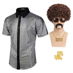 Disfraz de Hombre Estilo Hippie Rocker de los 70 y 80, Camisa Retro Disco, Peluca Rizada, Collar Dorado, Gafas de Sol Funky, Anillo, 6 Piezas, YTHC-029 - Product Image 4