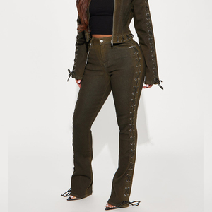 Jean évasé à lacets pour femme, délavé, avec liens latéraux, style streetwear vintage rétro, <span class=keywords><strong>pantalon</strong></span> bootcut kaki esthétique - Product Image 1