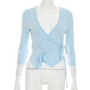 Viviblook Q26TP086 – haut décontracté pour femmes, couleur unie, col en v profond, haut court à lacets pour dames, nouvelle collection été - Product Image 4
