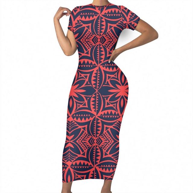Polynesian Tribal Samoan Red Tapa Flower Print Custom Maxi Dress Ladies Spring Summer Short Sleeve Dress Women Sexy Bodycon