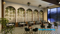 Concept d'intérieur pour café, comptoir de boulangerie personnalisé, banquette et mobilier de salle à manger pour restaurant commercial