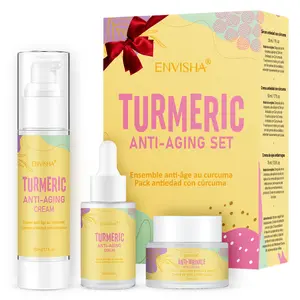 Private Label Kerstcadeau Gezicht Set Kurkuma Crème Olie Serum Anti Aging Rimpel Whitening Tumeric Huidverzorging Verjongende Set