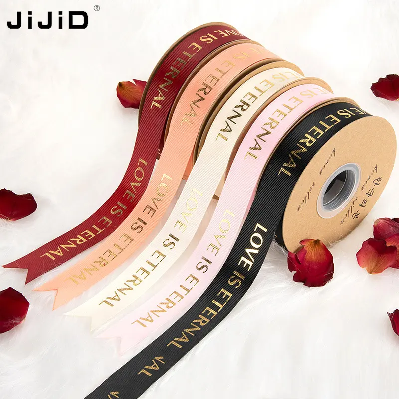 JiJiD Wholesale Custom Logo Colorful Polyester Ribbon Gold Foil Grosgrain Printed Ribbon