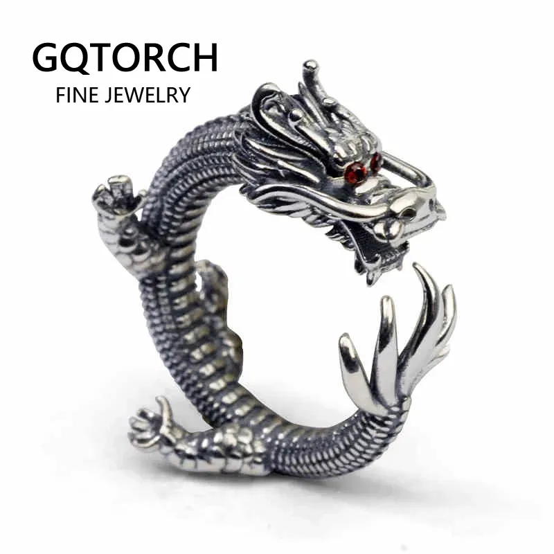 Real Solid 925 Silver Dragon Rings Vintage Men's Open Size Adjustable Thai Silver Rings Men Accessories Jewelry
