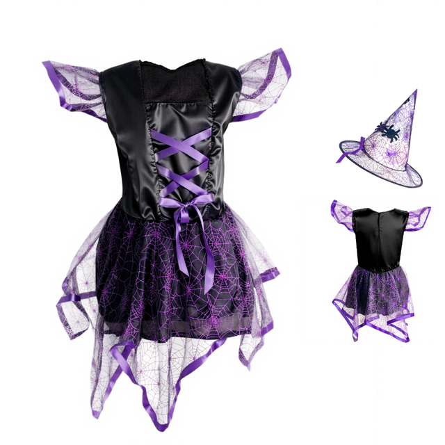 Sleeveless Black Witch Costume for Kids Girls New Design with Hat Bag Wand for Parties for Age Group Children