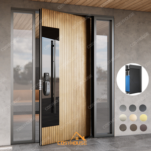 Porte d'entrée pivotante moderne en aluminium finition cuivre avec verre noir et panneaux latéraux fixes doubles - Product Image 1