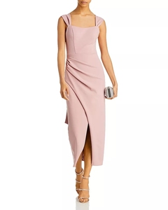 Abito <span class=keywords><strong>da</strong></span> sera formale <span class=keywords><strong>da</strong></span> donna a tubino, tinta unita, in tessuto naturale ecologico, con drappeggio a nastro lungo che si avvolge sul retro e arricciature - Product Image 3