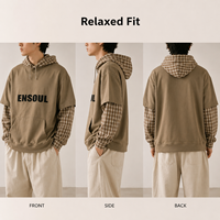 Maßgefertigter Doppellagiger Herren-Kapuzenpullover 380gsm Siebdruck-Hoodie mit Karomuster-Kontrastdesign an Kapuze & Ärmeln