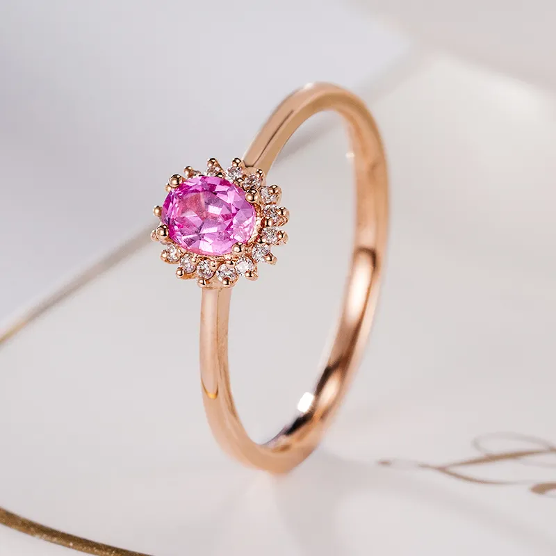 Oval Natural Pink Sapphire Natural Diamond 18k Gold Gemstone Engagement Rings For Women Jewelry