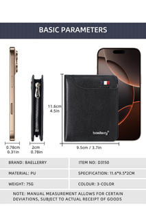 Portefeuille Baellerry pour homme en cuir PU, poche avant, petit portefeuille fin à fermeture éclair, portefeuille d'affaires pour homme, porte-cartes multiples, porte-monnaie - Product Image 5