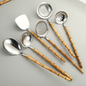 Cross-border Japanese <b>kitchenware</b> 304 stainless steel spatula set with natural bamboo handles, spoon, strainer, oil strainer - Product Image 4