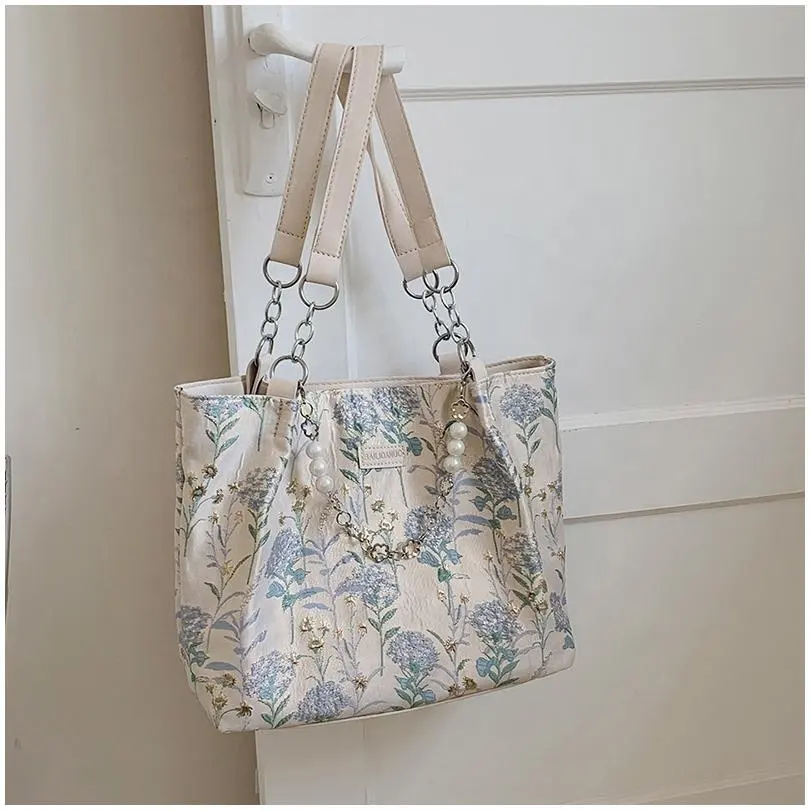 New Fashion Shopping Bag With Pearl Handle Flower Painted No Brand Factory Cheap Price Gift Pu Leather Pleated Shopping Bag