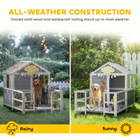 Caseta Premium para Perros de Exterior de 61 Pulgadas, Color Gris Madera, con Techo Impermeable, Marco Elevado, Ventilación y Ventanas de Visión, para Todas las Estaciones, Tamaño Pequeño