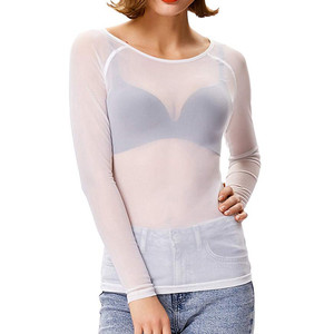 Haut d'été décontracté Kingyoung en maille nude à manches longues avec col rond, coupe ajustée et logo sérigraphié, design transparent - Product Image 4
