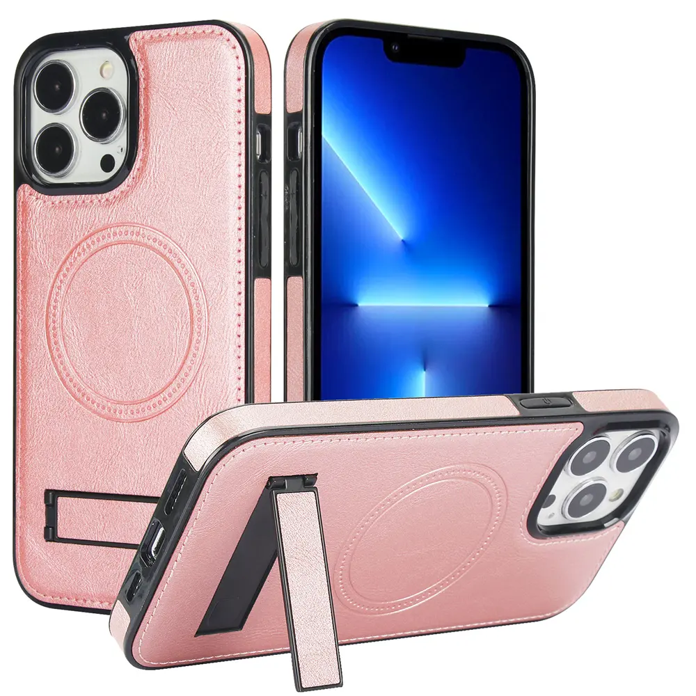 Op Maat Gemaakte Pu Leer Luxe Magnetische Draadloze Oplaadhouder Stand Telefoon Case Voor Iphone 15/14/13 Pro Max