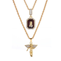 Luxuriöses Schmuckset für Damen: Halskette mit Engel-Flügel-Anhänger aus Legierung mit Diamant-Gravur, trendige rote Rubin-Stackable-Choker-Kette