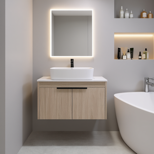 Modern Design 30 Inch White Oak Wall Mounted Bathroom Vanity Soft Close Door Ceramic Basin <b>Rectangular</b> Light Finish - Product Image 2