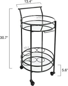 Metal and Glass Round <b>Wheel</b> Bar Trolley 2 Tier Rolling Bar with Bottle Compartment and Glass Holders Mid Century Serving <b>Table</b> - Product Image 2